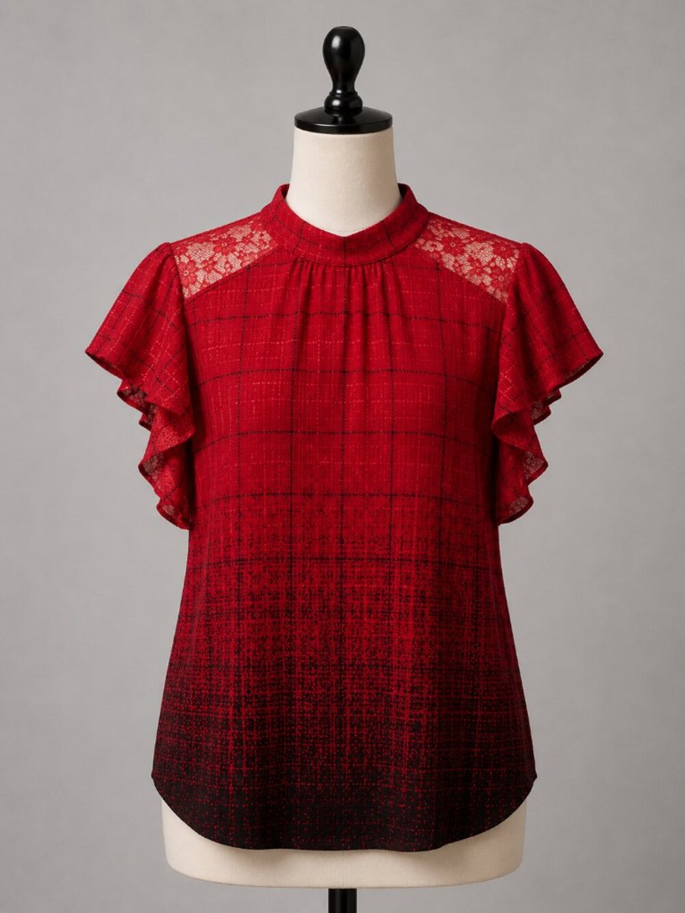 Ombre Red Plaid Lace Flutter Sleeve Mock Neck Top - Women's Size Medium